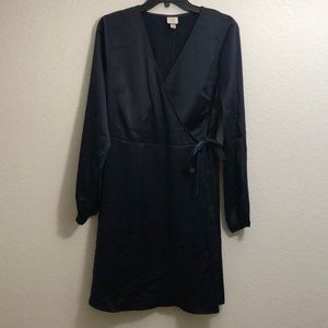 Navy blue satin wrap dress